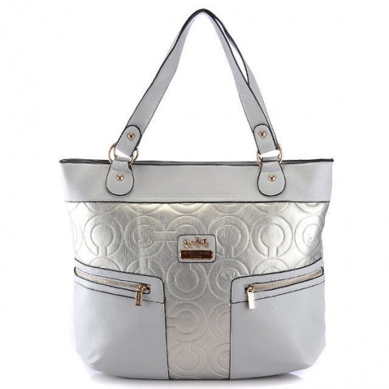 Coach In Printed Signature Large Silver Totes BAB Coach In Printed Signature Large Silver Totes BAB